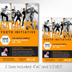 Catalyst Youth Flyer Template for Canva has 2 Print Sizes (4x6 and 5.5x8.5 inches). The youth summit flyer is designed with bold orange colors and geometric shapes. Great for any kind of youth summit, convention, camp