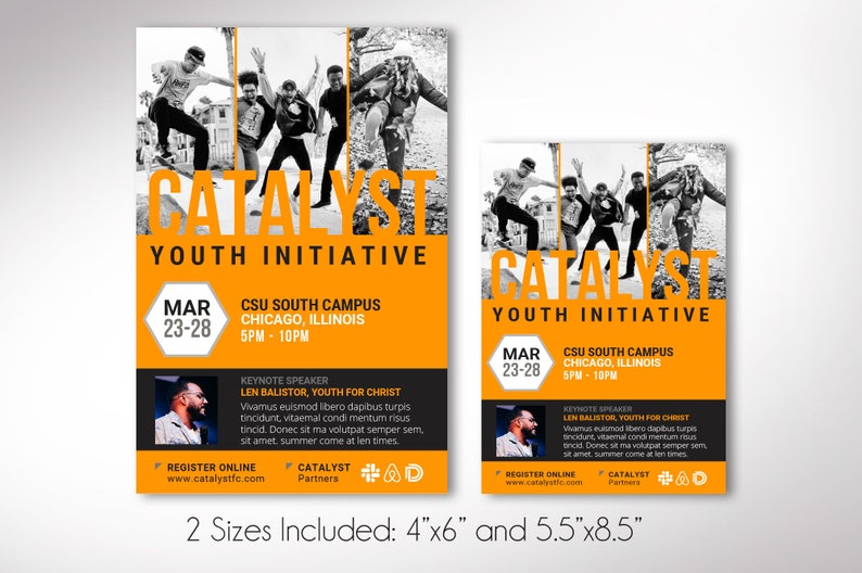 Catalyst Youth Flyer Template for Canva has 2 Print Sizes (4x6 and 5.5x8.5 inches). The youth summit flyer is designed with bold orange colors and geometric shapes. Great for any kind of youth summit, convention, camp