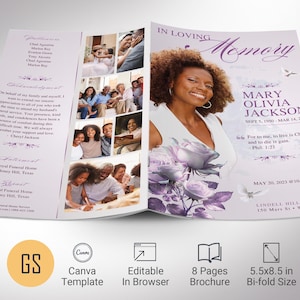 Plantilla clásica de programa funerario de rosas, Canva, morado pastel, estilo revista, obituario de mujer, celebración de la vida, 8 páginas, plegable, 5,5 x 8,5