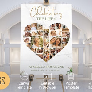 Transform your cherished memories into a beautiful tribute with the Tropica Funeral Heart Photo Collage Template for Canva. This large funeral welcome sign features a Photo Heart Shape Collage that showcases your loved ones special moments