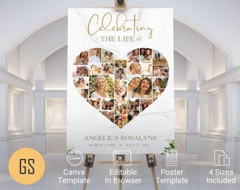 May include: A white poster with a marble background and a gold heart shape filled with photos. The text "Celebrating the Life of" is at the top of the poster. The name "Angelica Rosalyn" is at the bottom of the poster with the dates "March 1, 1950" and "July 17, 2022".