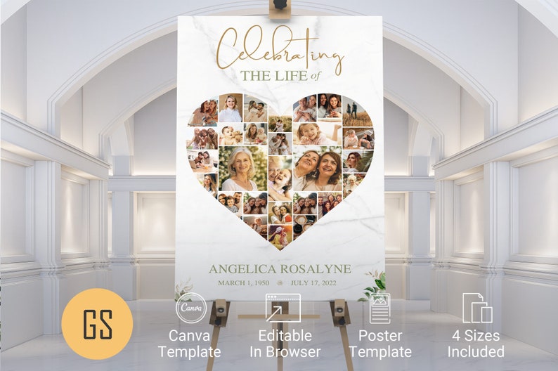 Transform your cherished memories into a beautiful tribute with the Tropica Funeral Heart Photo Collage Template for Canva. This large funeral welcome sign features a Photo Heart Shape Collage that showcases your loved ones special moments