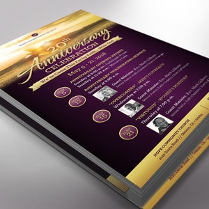 Church Anniversary Flyer Template for Word and Publisher is 5x8 inches. Purple and Gold with a landscape, sunrise and a dove are used to make this an elegant flyer. Banquet invitations and event invites are great for promoting church anniversaries