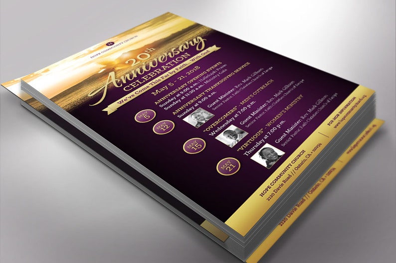 Church Anniversary Flyer Template for Word and Publisher is 5x8 inches. Purple and Gold with a landscape, sunrise and a dove are used to make this an elegant flyer. Banquet invitations and event invites are great for promoting church anniversaries