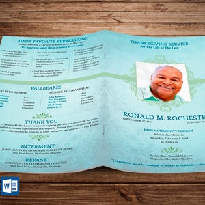 May include: A blue and green funeral program for Ronald M. Rochester. The program includes a photo of the deceased, dates of birth and death, service information, and a quote from the Bible.  "Let not your heart be troubled: ye believe in God, believe also in me." - John 14:1