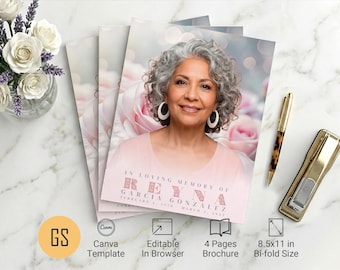 Pink Roses Funeral Program Template | Canva: 4-Page Tabloid Bifold Memorial Obituary (8.5x11) Digital Download