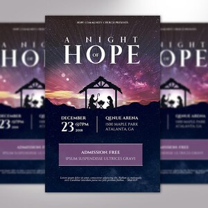 Hope Christmas Flyer Word Publisher Template, 5.5 x 8.5 inches, has a nativity as the focal point with a colorful starry night sky. The invitation is great for Christmas Plays and Cantatas.