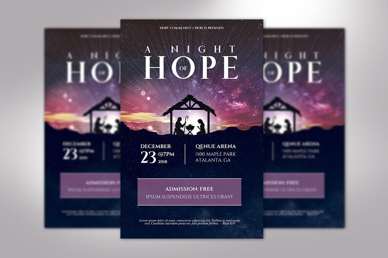 Hope Christmas Flyer Word Publisher Template, 5.5 x 8.5 inches, has a nativity as the focal point with a colorful starry night sky. The invitation is great for Christmas Plays and Cantatas.