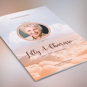 Heaven Funeral Program Word Publisher Template, 4 Pages, is for showcasing many images of your loved one. Use 9-10 images of family members and the hobbies and favorite places that bring back memories in this keepsake funeral program.