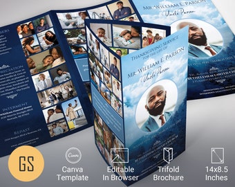 Blue Sky Funeral Program Template: Canva Trifold Obituary (14x8.5 in, Digital Download)