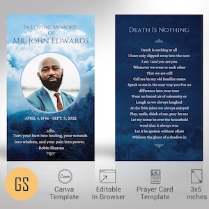 Cartão de oração fúnebre Blue Sky Canva Template, lembrança memorial de celebração da vida, cartão fúnebre para homens, modelo de 3 x 5 pol.