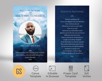 Blue Sky Funeral Prayer Card Template, Canva Template | Celebration of Life, Funeral Favor, Memorial Keepsake | 3x5 in