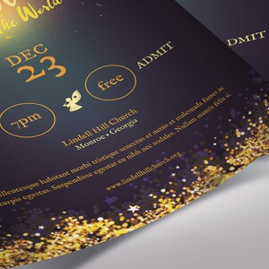 Emmanuel Christmas Flyer Word Publisher Template, Size 5 x 8 inches,  is for events during the Christmas season. Great for Christmas Cantatas, Plays, Pageants, Banquets, Dinner Dance, etc. It has a deep night blue background and golden stars.