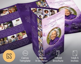 Violet Sky Legal Trifold Funeral Program Template, Canva Template | Celebration of Life, In Loving Memory | 14x8.5 in