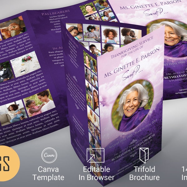 Violet Sky Legal Trifold Funeral Program Template, Canva Template | Celebration of Life, In Loving Memory | 14x8.5 in