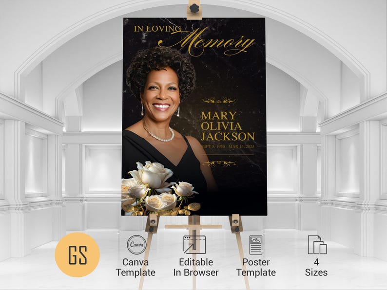 Classic Rose Funeral Welcome Sign Template for Canva. This large funeral photo display set features a magazine-style design with white roses and gold leaves against a textured black backdrop. Four print sizes (24x36, 20x30, 18x24, and 16x20 inches)