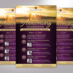 Church Anniversary Flyer Template for Word and Publisher is 5x8 inches. Purple and Gold with a landscape, sunrise and a dove are used to make this an elegant flyer. Banquet invitations and event invites are great for promoting church anniversaries