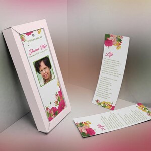 Pink Watercolor Funeral Bookmark Template for Word and Publisher is Size 2.5x7.75 inches. The funeral favor features fuchsia, green, and pink watercolor flowers combined with decorative text. Geared for memorial or funeral services.