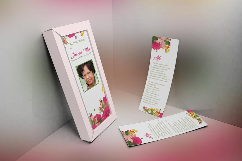 Pink Watercolor Funeral Bookmark Template for Word and Publisher is Size 2.5x7.75 inches. The funeral favor features fuchsia, green, and pink watercolor flowers combined with decorative text. Geared for memorial or funeral services.