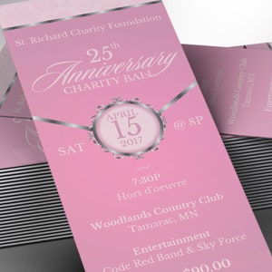 Pink Silver Anniversary Gala Ticket Template for Canva has 4 Sizes, 2x5.5, 2x6, 3x7, and 3.5 x 8.5 inches. It features a pink background with silver decals. The banquet ticket template is for any anniversary fundraiser event that has an elegant theme