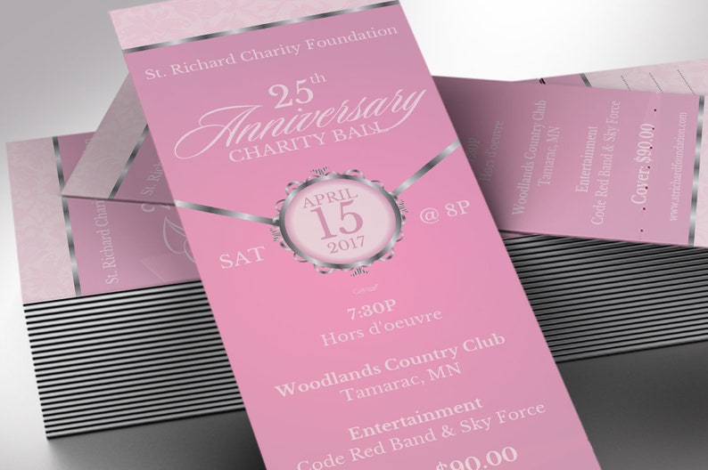 Pink Silver Anniversary Gala Ticket Template for Canva has 4 Sizes, 2x5.5, 2x6, 3x7, and 3.5 x 8.5 inches. It features a pink background with silver decals. The banquet ticket template is for any anniversary fundraiser event that has an elegant theme