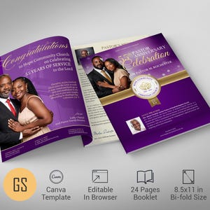 May include: A purple and gold 24-page booklet celebrating a pastor's 55th anniversary. The booklet features photos of the pastor and his wife, and includes the text "Congratulations to Hope Community Church on Celebrating 55 Years of Service to the Lord." and "Pastor's 55th Anniversary Celebration for Pastor M. Rochester."
