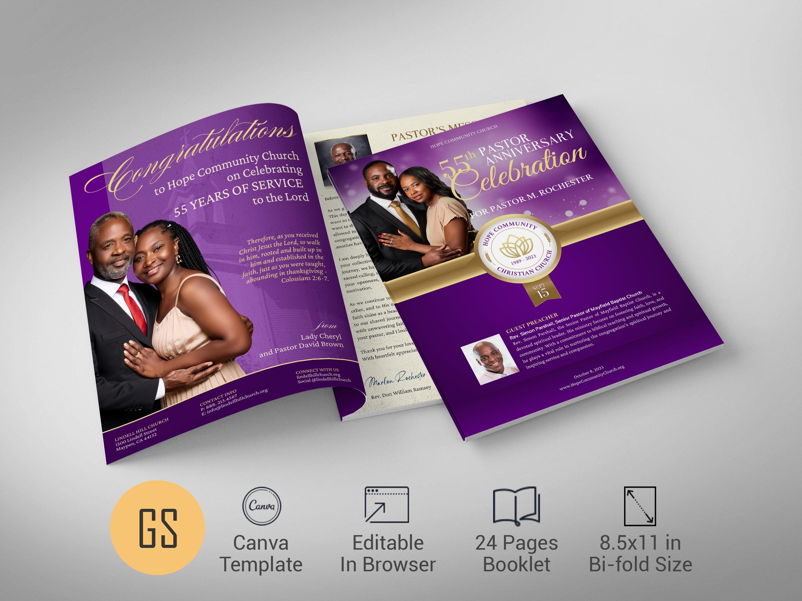 Church Souvenir Book Template: Pastor Anniversary, Purple & Gold (Canva, 8.5x11", Digital Download)