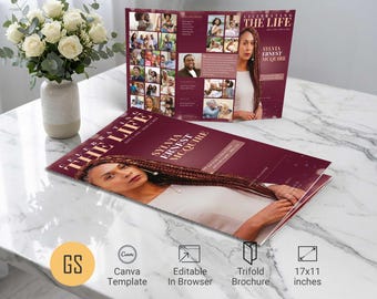 Burgundy Bokeh Funeral Program Template: 11x17 Tabloid Trifold Magazine Obituary for Canva (Digital Download)