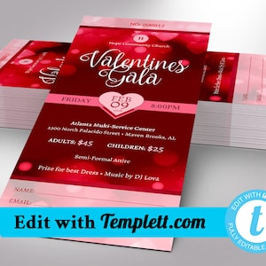 Red Hearts Valentines Day Gala Ticket Template for Templett dot com is size 3x7 inches. It features red heart background sprinkled with pink for Valentine's Day fundraising events. Perfect for churches and non-profit organizations.