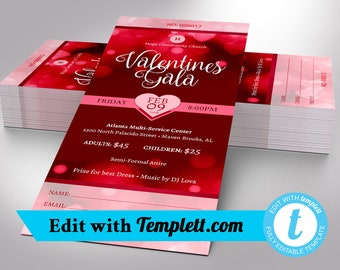 Red Hearts Valentines Day Gala Ticket Template for Templett, Size 3x7 inches