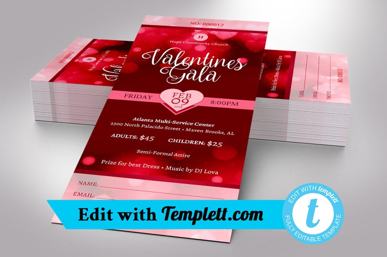 Red Hearts Valentines Day Gala Ticket Template for Templett dot com is size 3x7 inches. It features red heart background sprinkled with pink for Valentine's Day fundraising events. Perfect for churches and non-profit organizations.