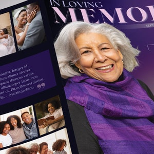 A magazine-style funeral program. Twilight Tabloid Funeral Program Template for Canva (8 pages, 17x11 inches, bifold to 8.5x11 inches). This expressively designed twilight purple celebration of life bi-fold brochure