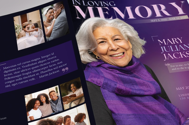 A magazine-style funeral program. Twilight Tabloid Funeral Program Template for Canva (8 pages, 17x11 inches, bifold to 8.5x11 inches). This expressively designed twilight purple celebration of life bi-fold brochure