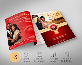 Church Souvenir Book Template: Red and Gold 24 Page Pastor Appreciation Canva (8.5x11) Digital