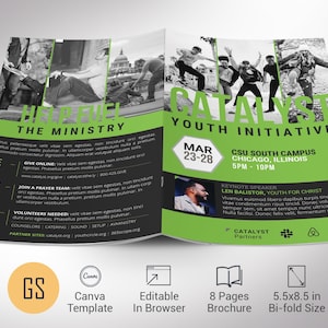 Catalyst Youth Conference Program Template for Canva. This 8-page church brochure features a bold green and black geometric design that’s modern and eye-catching. Measuring 11x8.5 inches flat and folding neatly into 5.5x8.5 inches,