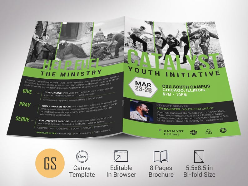 Catalyst Youth Conference Program Template for Canva. This 8-page church brochure features a bold green and black geometric design that’s modern and eye-catching. Measuring 11x8.5 inches flat and folding neatly into 5.5x8.5 inches,