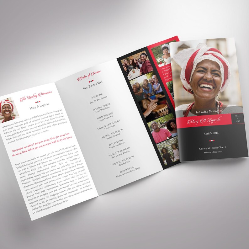 Red Black Remember Legal Trifold Funeral Program Template, Word Template, Publisher, Celebration of Life, Memorial Service, 14x8.5 in image 3