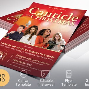 Modelo de folheto de concerto de Natal para Canva, convite de cantata musical de igreja em ouro vermelho, cartão postal editável para download digital, 3 tamanhos