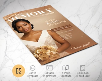 Beige Dawn Funeral Program Template: 4-Page Bifold Memorial Obituary for Canva (5.5x8.5) Digital Download