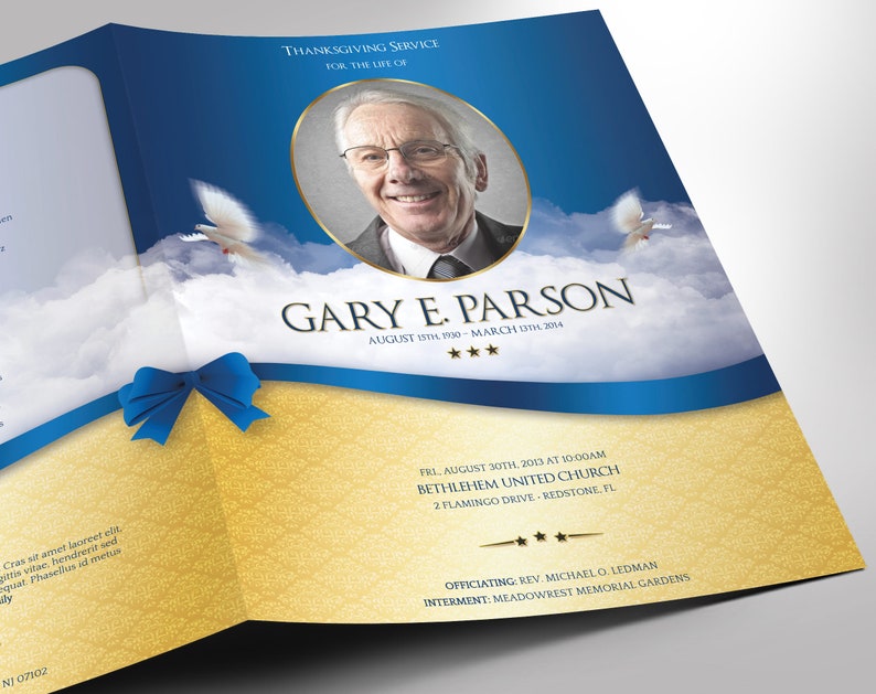 Blue Ribbon Funeral Program Large Template Word Template, Publisher Celebration of Life, Blue Sky, 8 Page 11x17 in image 6