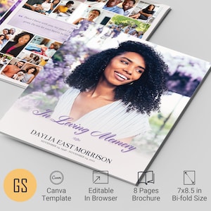 Pode incluir: Um modelo de folheto de 8 páginas com dobra para um serviço memorial. O modelo apresenta uma foto de uma mulher com um fundo floral roxo e o texto "In Loving Memory" e "Daylia East Morrison". O modelo está disponível no Canva e mede 17,8 cm x 21,6 cm.