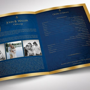 Blue Gold Dignity Funeral Program Large Template Word Template, Publisher V2, Celebration of Life 8 Pages 11x17 in image 3