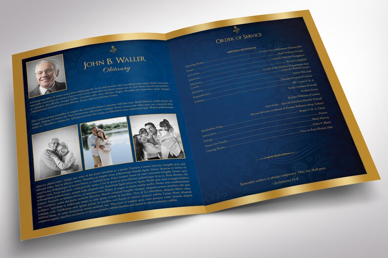 Blue Gold Dignity Funeral Program Large Template Word Template, Publisher V2, Celebration of Life 8 Pages 11x17 in image 3
