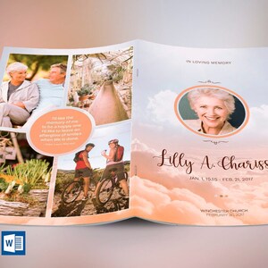 Heaven Funeral Program Word Publisher Template, 4 Pages, is for showcasing many images of your loved one. Use 9-10 images of family members and the hobbies and favorite places that bring back memories in this keepsake funeral program.