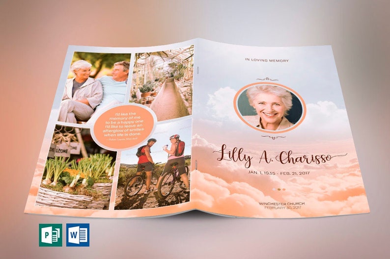 Heaven Funeral Program Word Publisher Template, 4 Pages, is for showcasing many images of your loved one. Use 9-10 images of family members and the hobbies and favorite places that bring back memories in this keepsake funeral program.