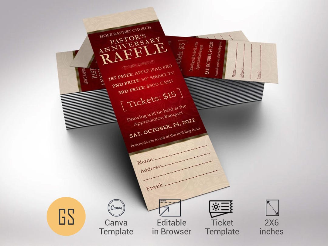 Church Raffle Samples Pastor Appreciation Raffle Ticket Template for Canva: Red & Gold Church ...