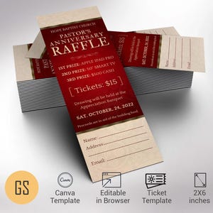 Pastor Appreciation Raffle Ticket Template: Red & Gold (Canva, 2x6 in)