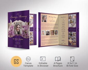 Loving Tabloid Funeral Program Template 1, Canva Template, Purple Gold | Celebration of Life for Women | 4 Pages | 11x17 in