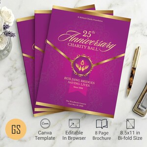 Magenta & Gold Anniversary Gala Program Template | Canva: 8-Page Church Bifold Brochure (8.5x11) Digital Download