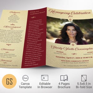 Plantilla elegante de programa funerario para Canva, color burdeos dorado, carta de EE. UU., celebración de la vida, plantilla de obituario para mujeres, 4 páginas, 5,5 x 8,5 pulgadas